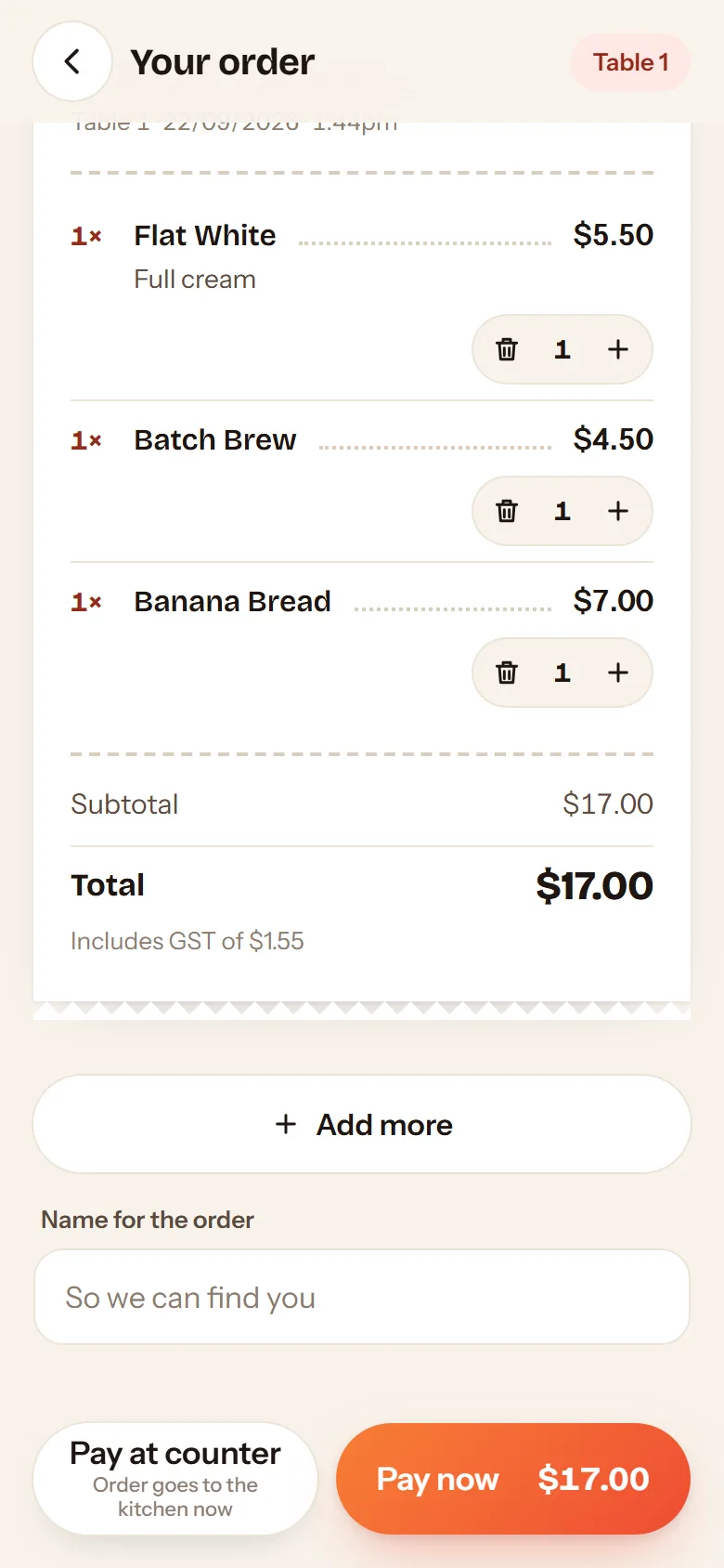 The order screen on a phone with Pay at counter and Pay now buttons