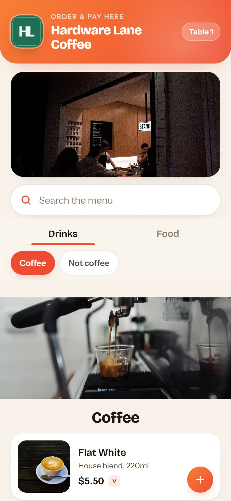 The Munchly menu on a phone: search, Drinks and Food tabs, and photo cards for each item