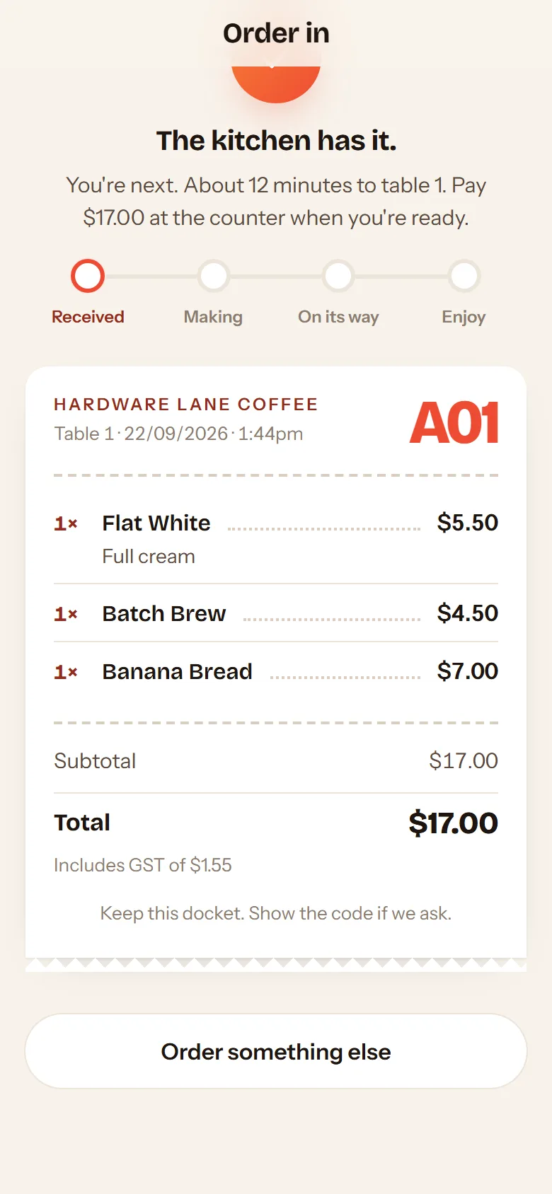 The order tracker on a phone showing Received, Making, On its way, Enjoy