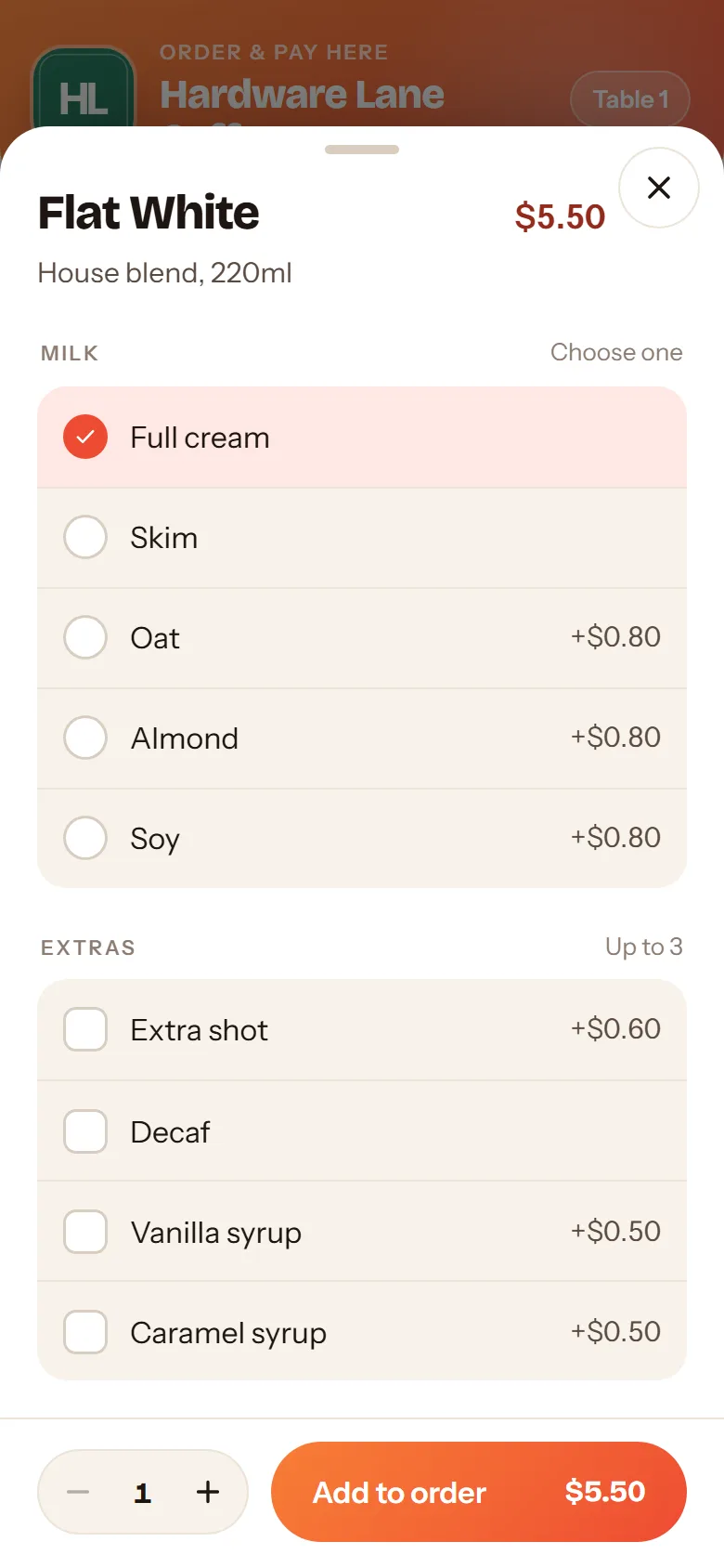 Choosing milk and extras for a flat white, with Add to order at the bottom